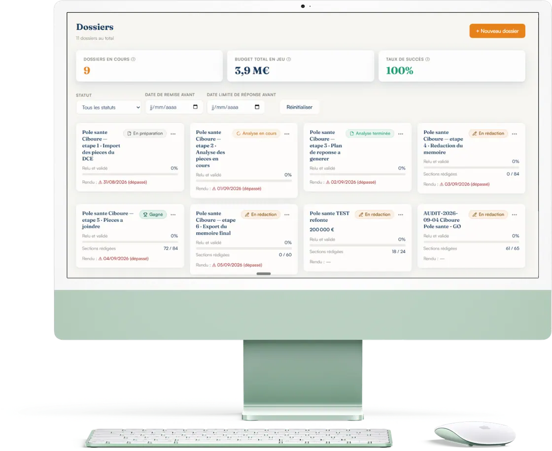The ARICI application in service: the tender folder screen, on the firm's own workstation.