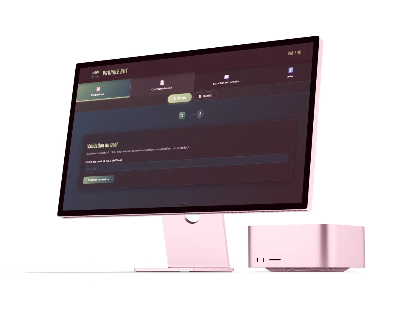 Screenshot of Propale Bot showing the stepper and the deal validation step.